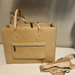 BEIS Beige Laptop Tote with Front Zip Pocket and Removable Strap